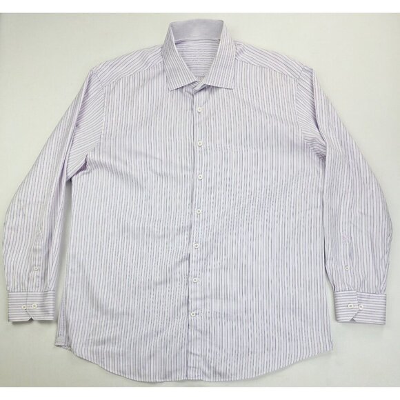 Bugatchi Uomo Size 18.5 34-35 Mens Lavender White Stripe Spread Collar L/S Shirt - Picture 6 of 13